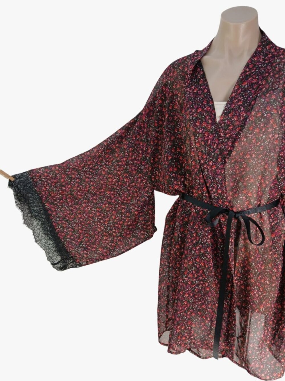 Cacique Floral Babydoll Nighty 4X Lingerie Sheer Lace Kimono Robe Black Red Flor - Picture 12 of 16